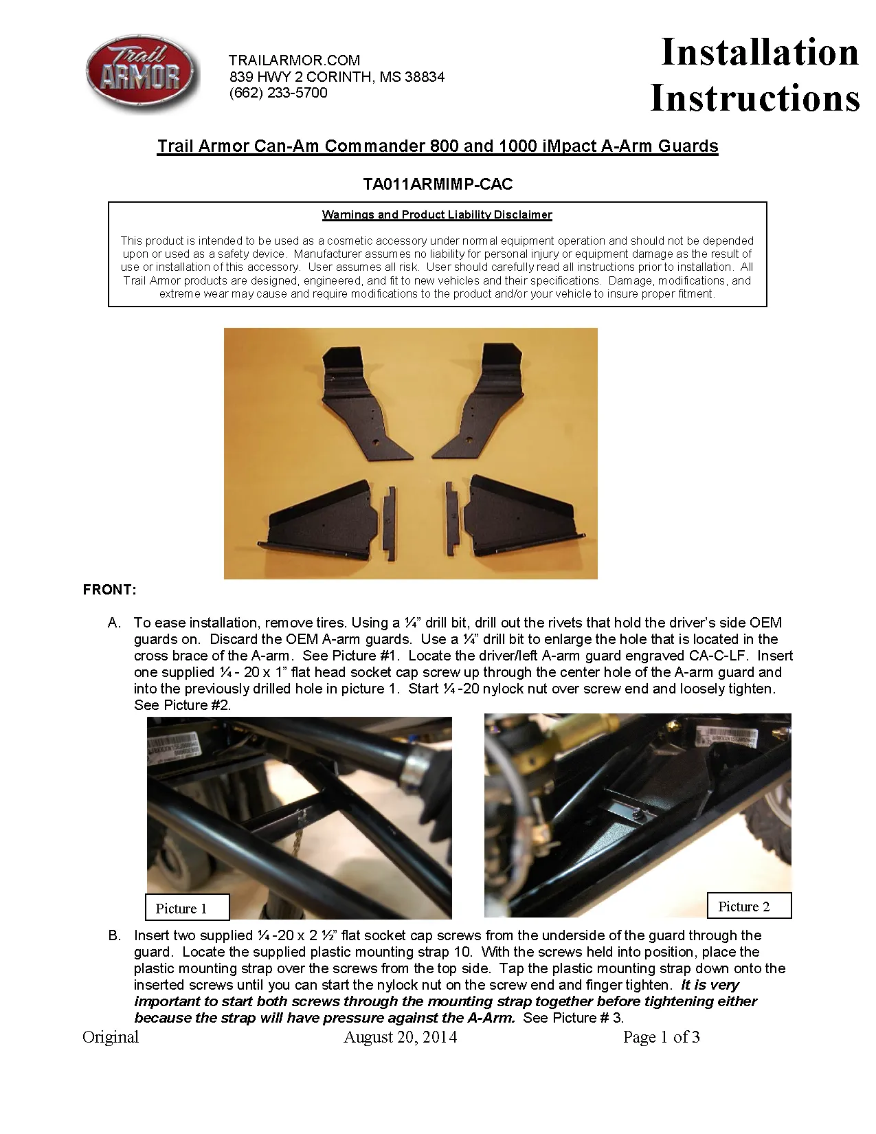 Trail Armor Can Am Commander 800, 800 DPS, 800 XT, 1000, 1000 DPS, 1000 X, 1000 XT, 1000 XT-P, 1000 Limited iMpact  A-Arm CV Front & Rear Trailing Boot Guards