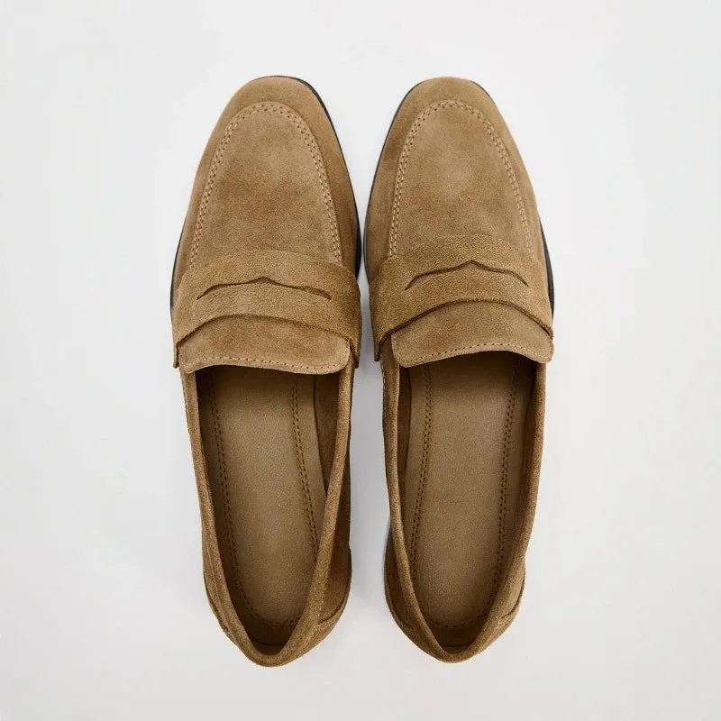 TRZA 2024 Autumn New Women's Shoes Brown suede imitation flat leather boat shoes Mid mouth round toe casual loafers