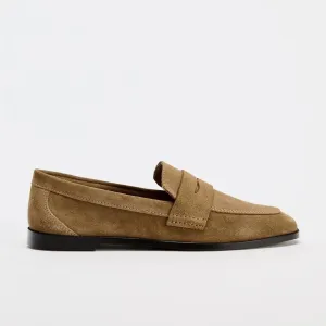TRZA 2024 Autumn New Women's Shoes Brown suede imitation flat leather boat shoes Mid mouth round toe casual loafers