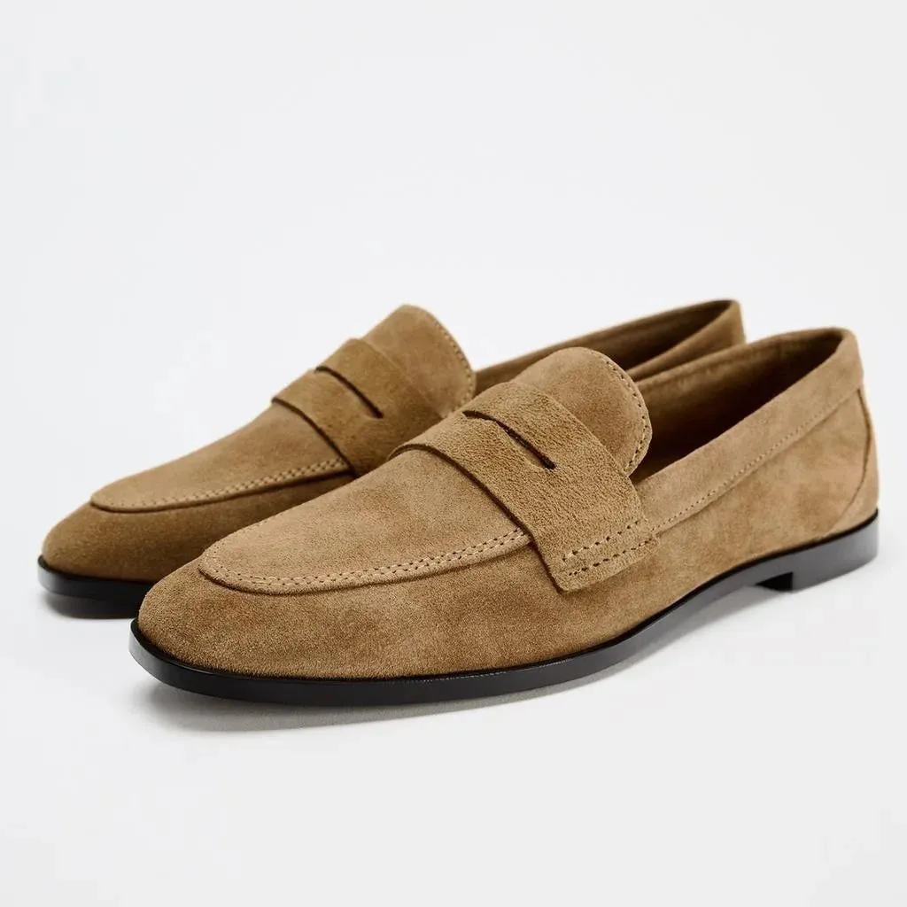 TRZA 2024 Autumn New Women's Shoes Brown suede imitation flat leather boat shoes Mid mouth round toe casual loafers