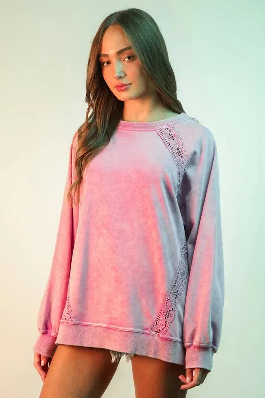 VERY J Plus Size Lace Trim Detail Mineral Washed Knit Top