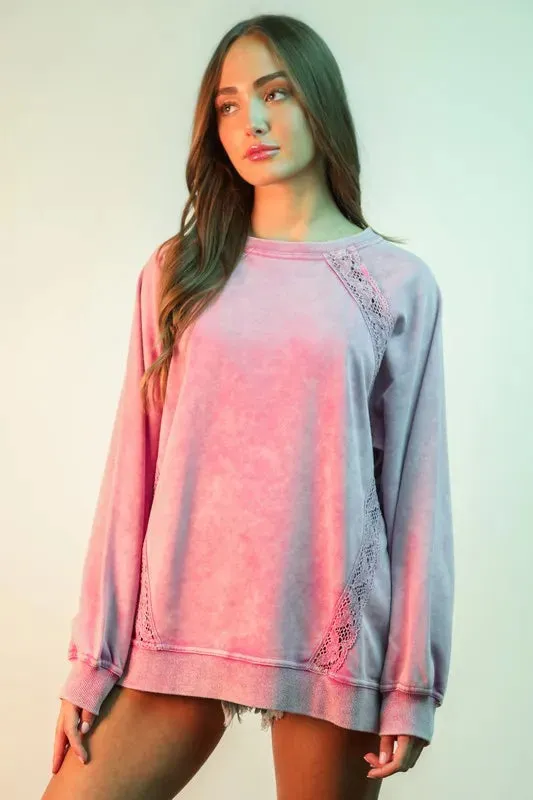 VERY J Plus Size Lace Trim Detail Mineral Washed Knit Top