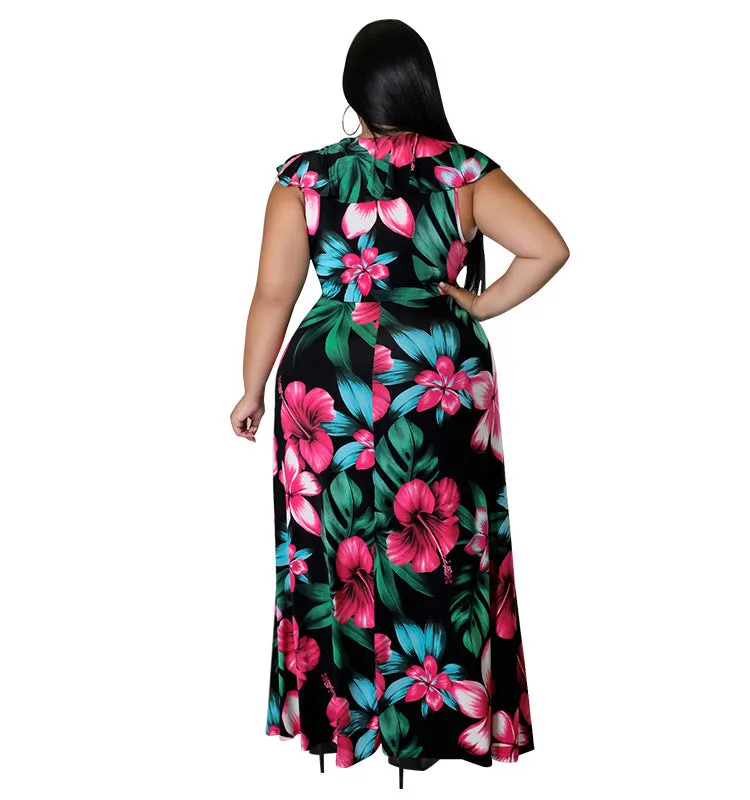 Vibrant Ruffled Floral Maxi Dress with High Slit Detail