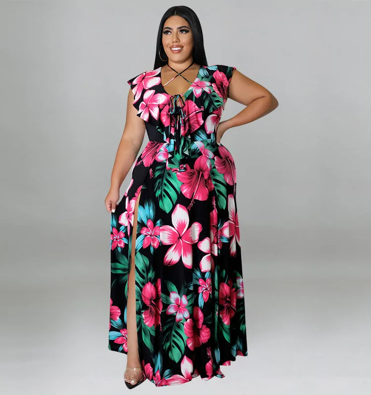 Vibrant Ruffled Floral Maxi Dress with High Slit Detail