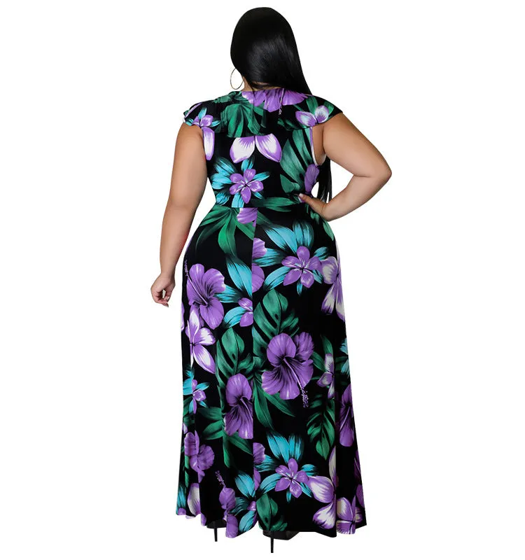 Vibrant Ruffled Floral Maxi Dress with High Slit Detail