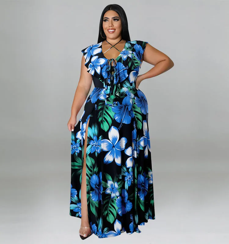 Vibrant Ruffled Floral Maxi Dress with High Slit Detail