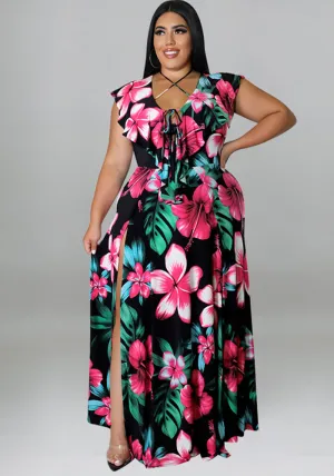 Vibrant Ruffled Floral Maxi Dress with High Slit Detail