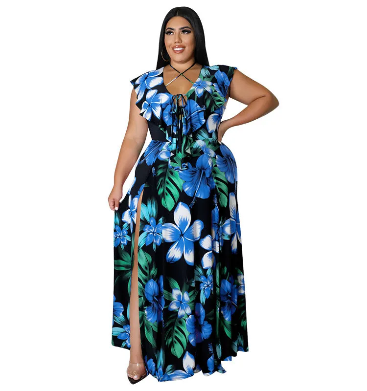Vibrant Ruffled Floral Maxi Dress with High Slit Detail