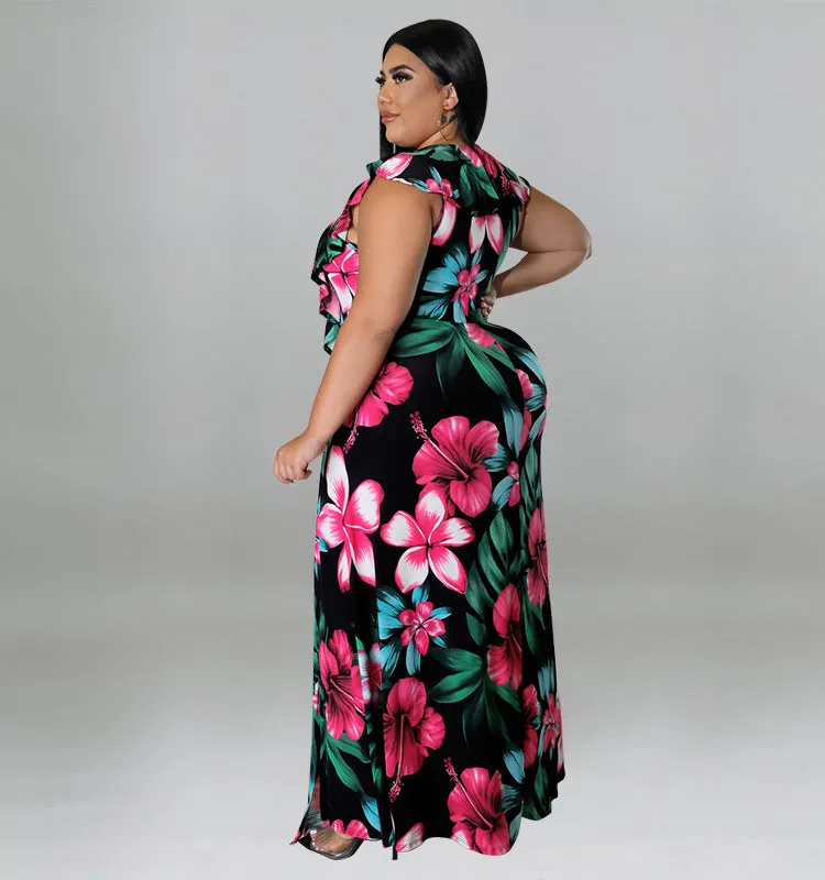 Vibrant Ruffled Floral Maxi Dress with High Slit Detail