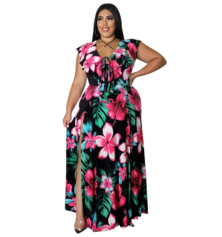 Vibrant Ruffled Floral Maxi Dress with High Slit Detail
