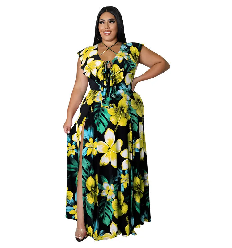 Vibrant Ruffled Floral Maxi Dress with High Slit Detail