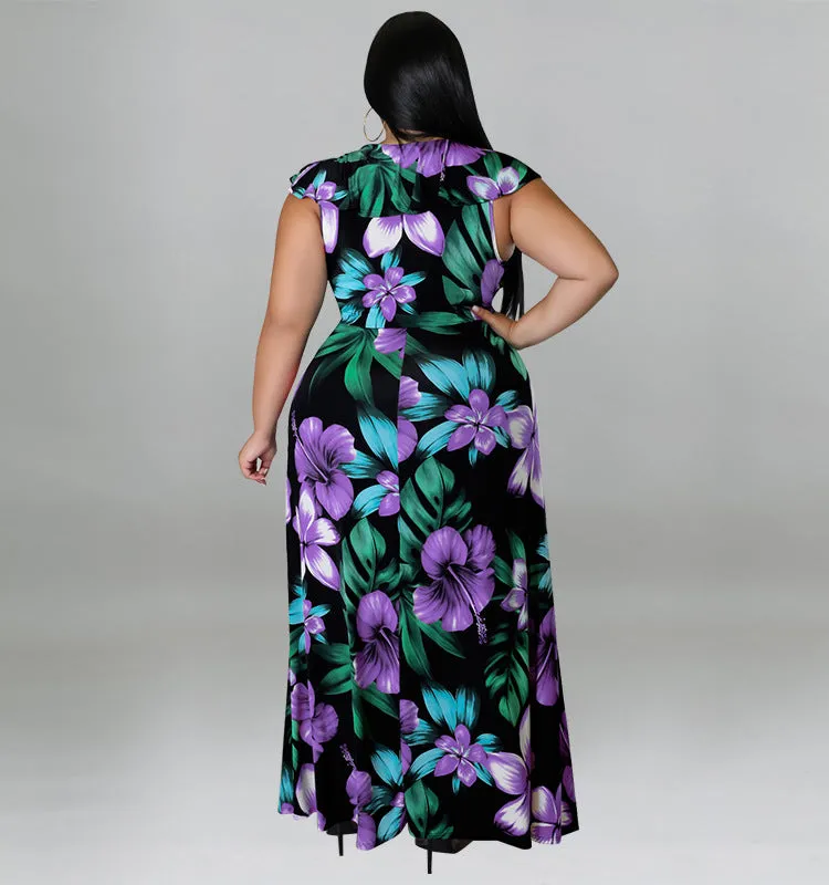 Vibrant Ruffled Floral Maxi Dress with High Slit Detail