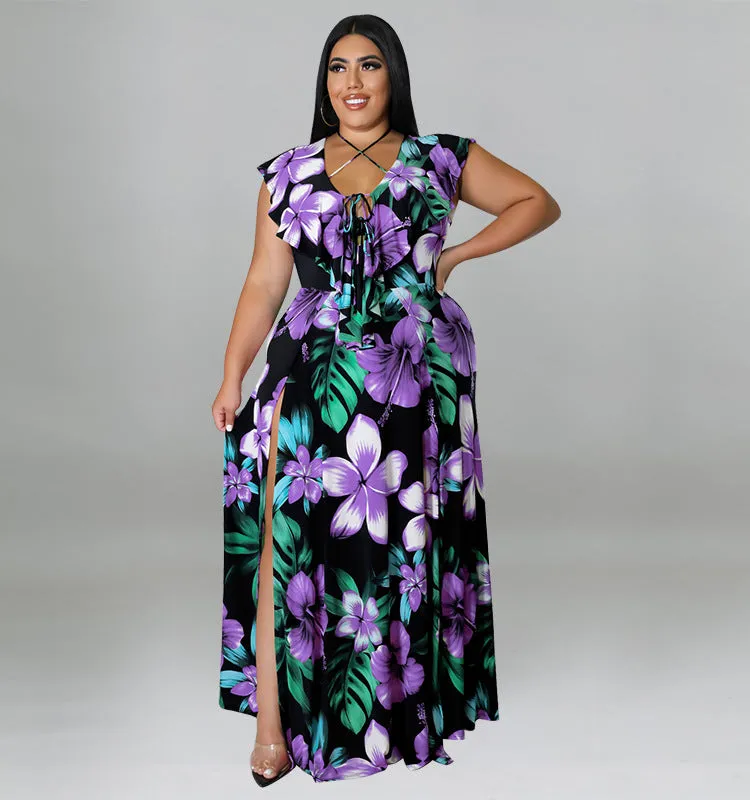 Vibrant Ruffled Floral Maxi Dress with High Slit Detail