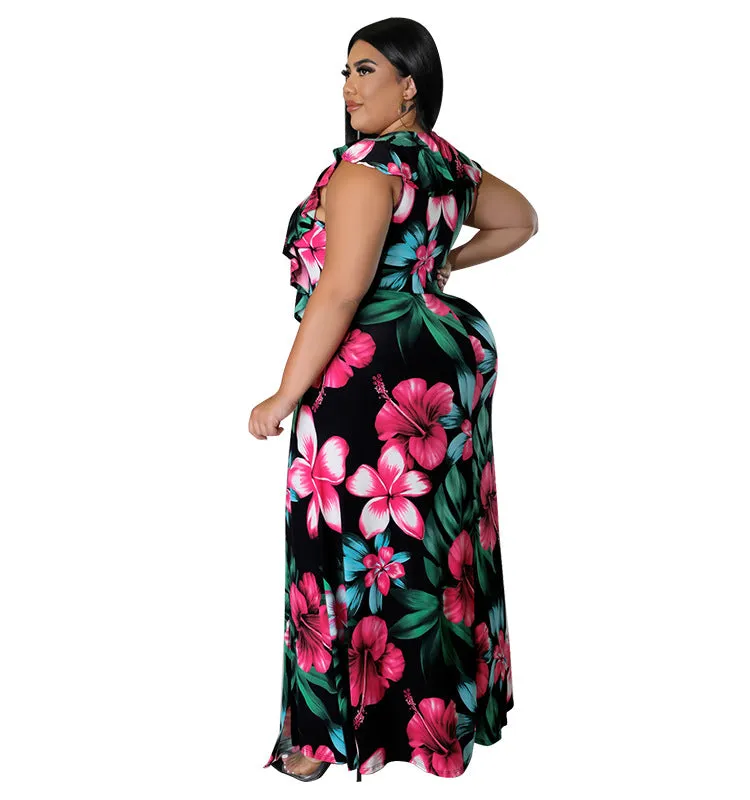 Vibrant Ruffled Floral Maxi Dress with High Slit Detail