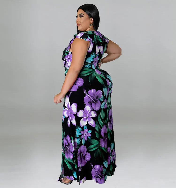 Vibrant Ruffled Floral Maxi Dress with High Slit Detail
