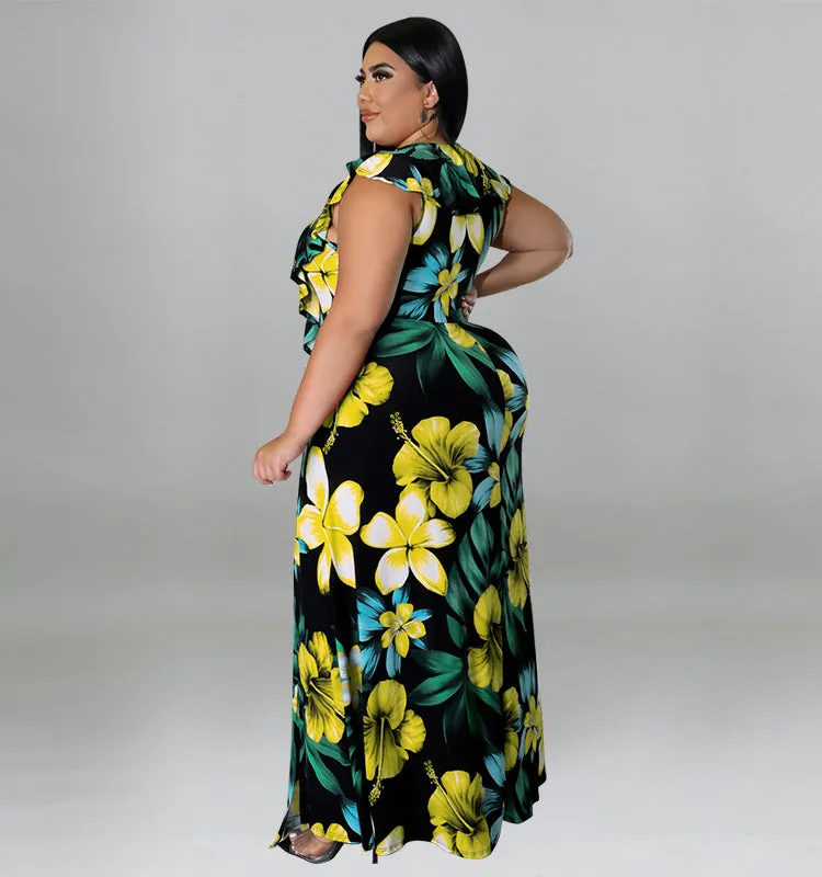 Vibrant Ruffled Floral Maxi Dress with High Slit Detail