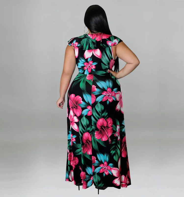 Vibrant Ruffled Floral Maxi Dress with High Slit Detail