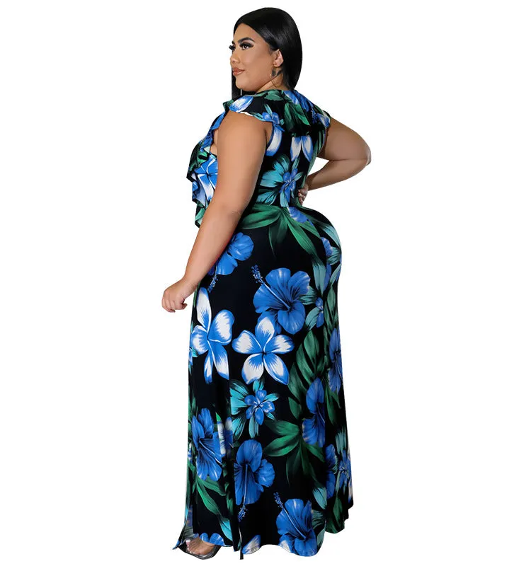 Vibrant Ruffled Floral Maxi Dress with High Slit Detail