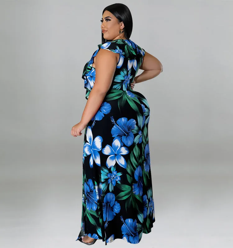 Vibrant Ruffled Floral Maxi Dress with High Slit Detail