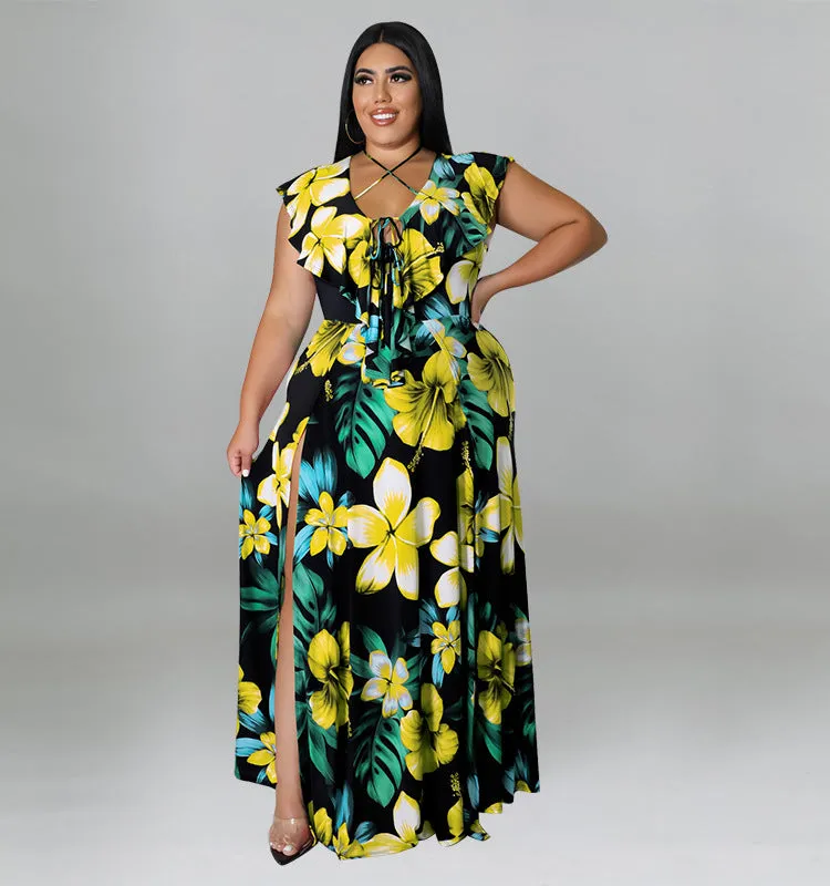 Vibrant Ruffled Floral Maxi Dress with High Slit Detail