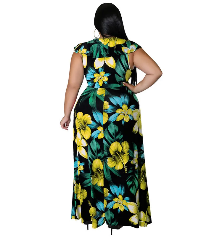 Vibrant Ruffled Floral Maxi Dress with High Slit Detail