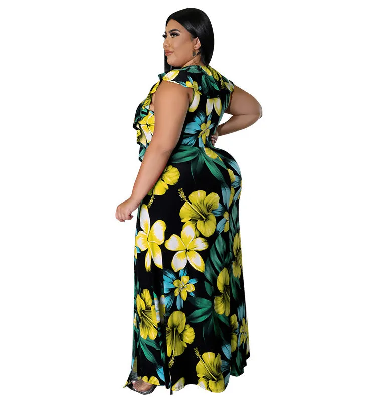 Vibrant Ruffled Floral Maxi Dress with High Slit Detail