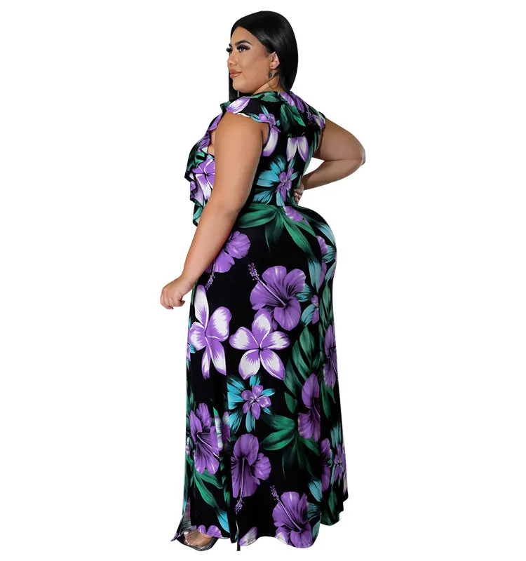 Vibrant Ruffled Floral Maxi Dress with High Slit Detail