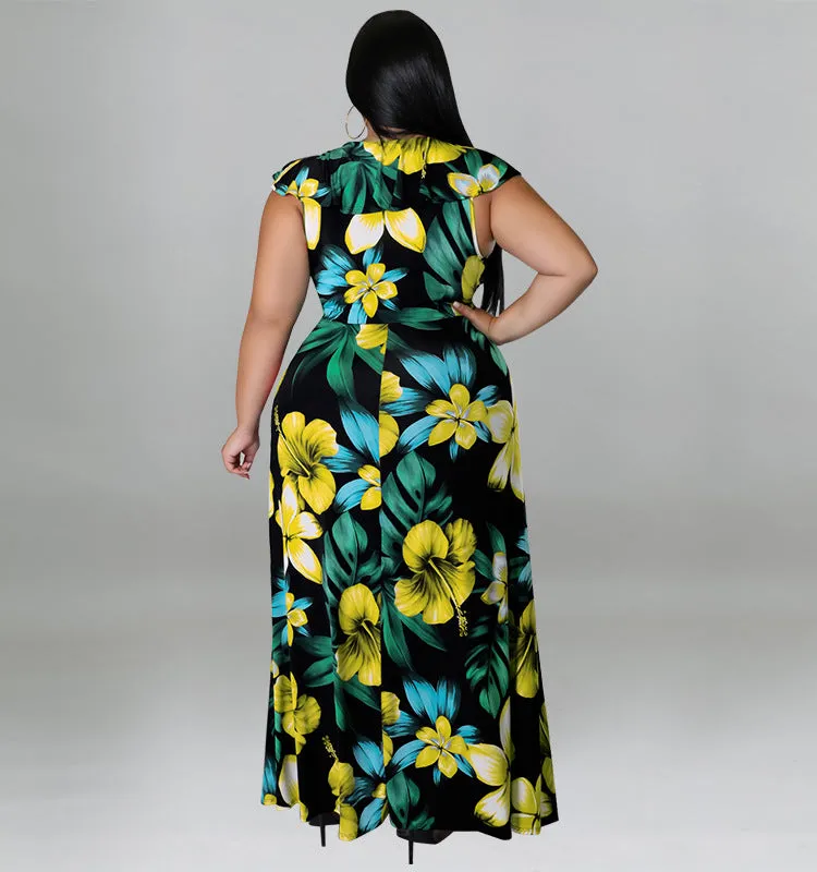 Vibrant Ruffled Floral Maxi Dress with High Slit Detail