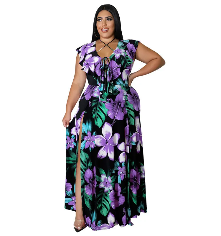 Vibrant Ruffled Floral Maxi Dress with High Slit Detail