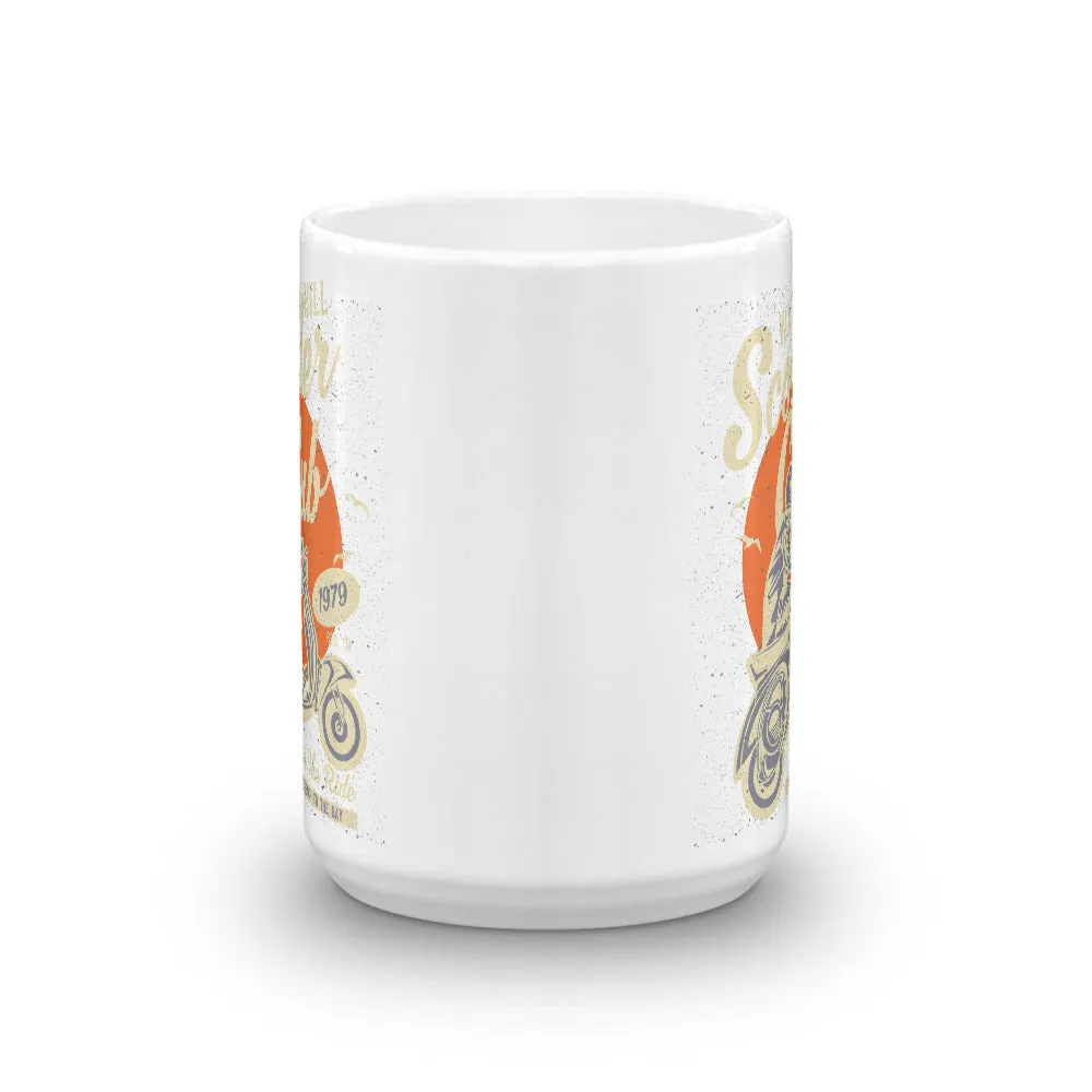Watchill’n ‘Scooter Club’ Ceramic Mugs in 11oz. or 15oz. (Creme/Cyan)