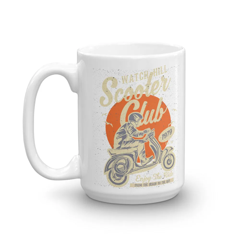 Watchill’n ‘Scooter Club’ Ceramic Mugs in 11oz. or 15oz. (Creme/Cyan)