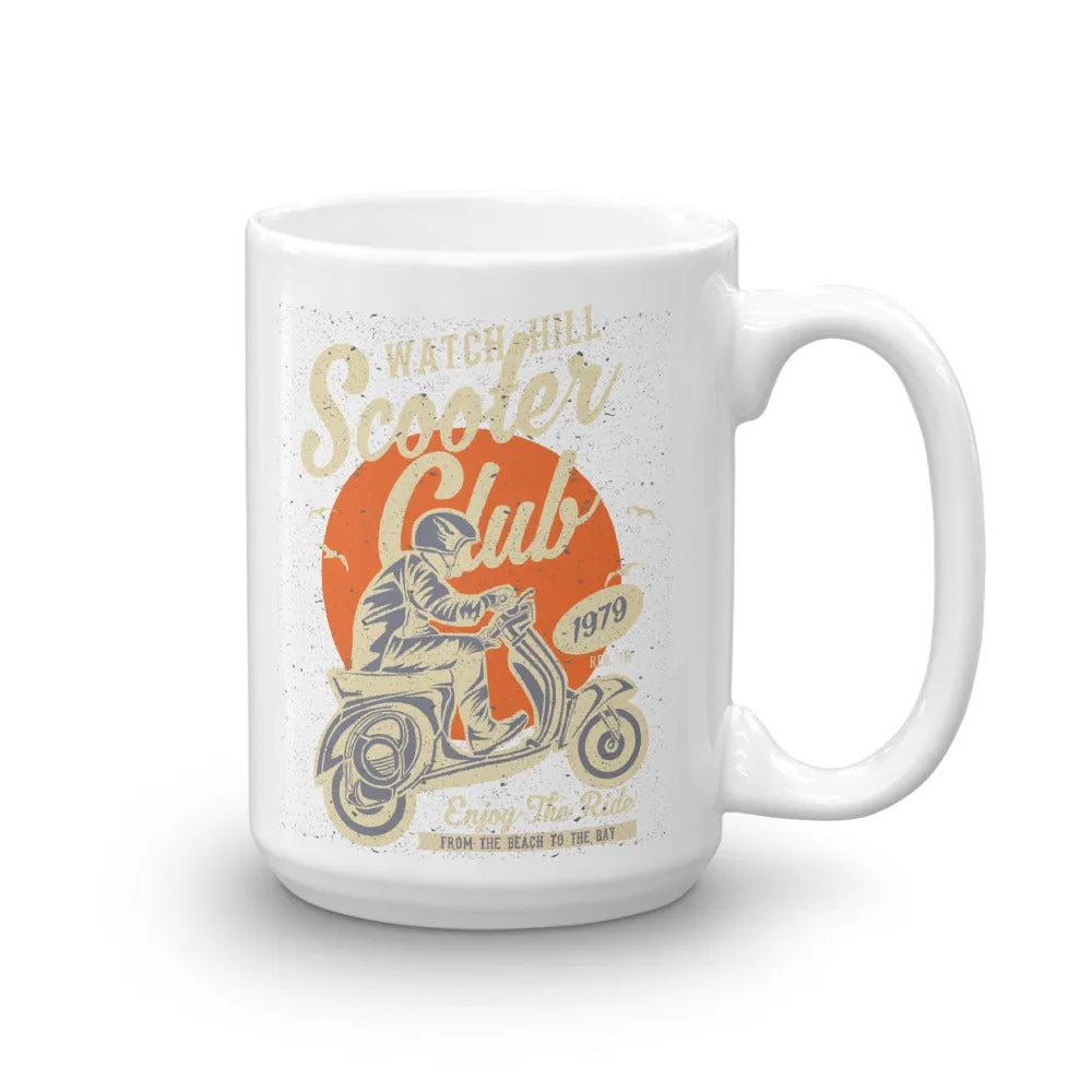 Watchill’n ‘Scooter Club’ Ceramic Mugs in 11oz. or 15oz. (Creme/Cyan)