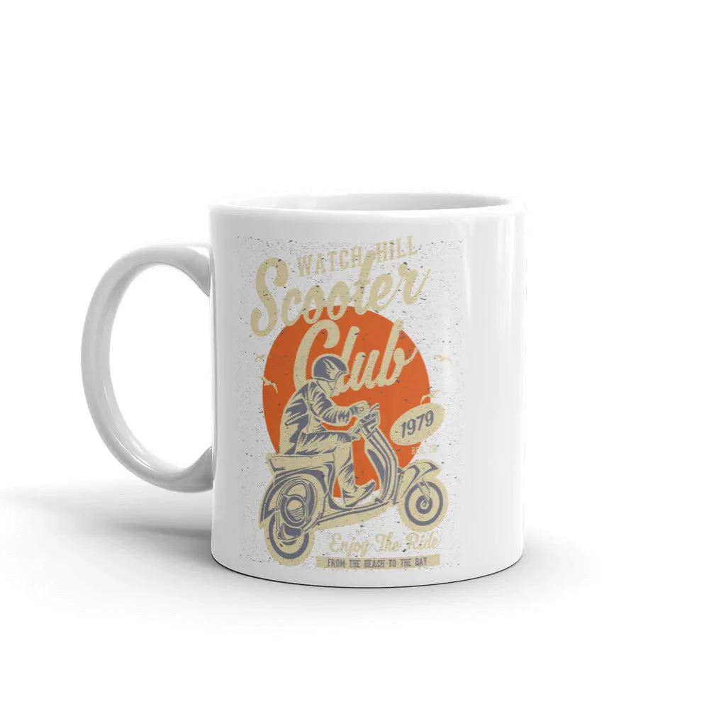 Watchill’n ‘Scooter Club’ Ceramic Mugs in 11oz. or 15oz. (Creme/Cyan)