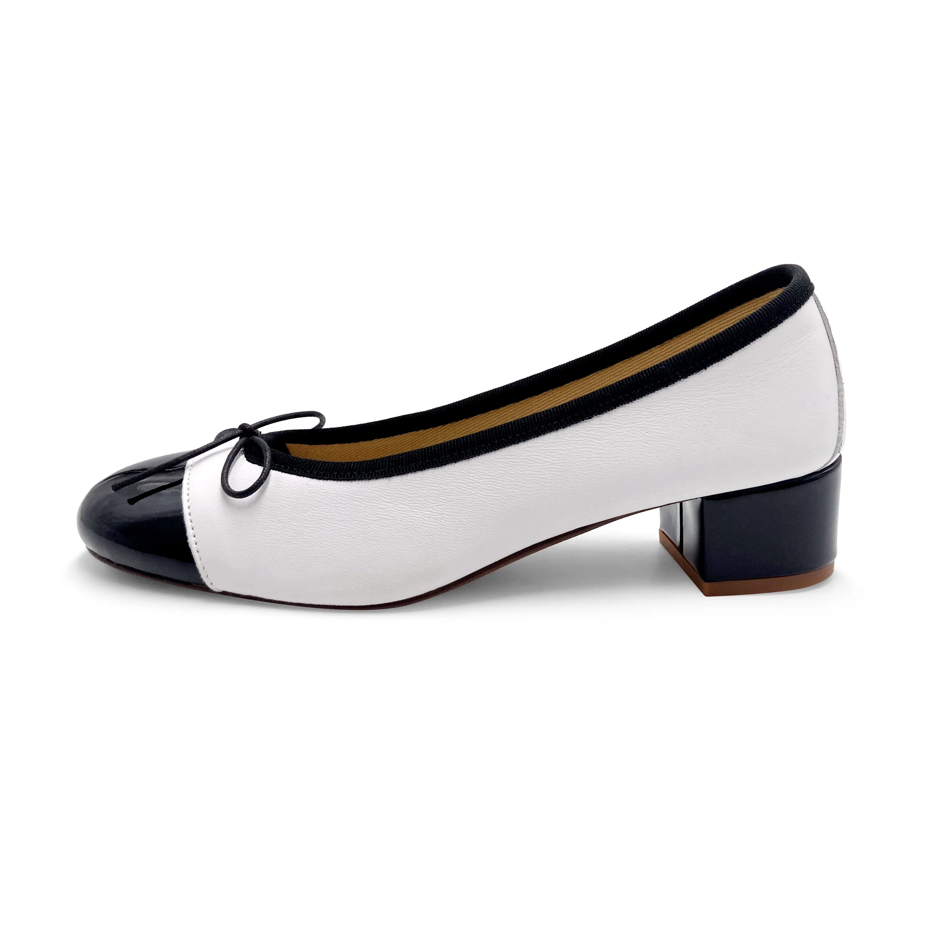 White leather ballet flats with high heel and patent toe