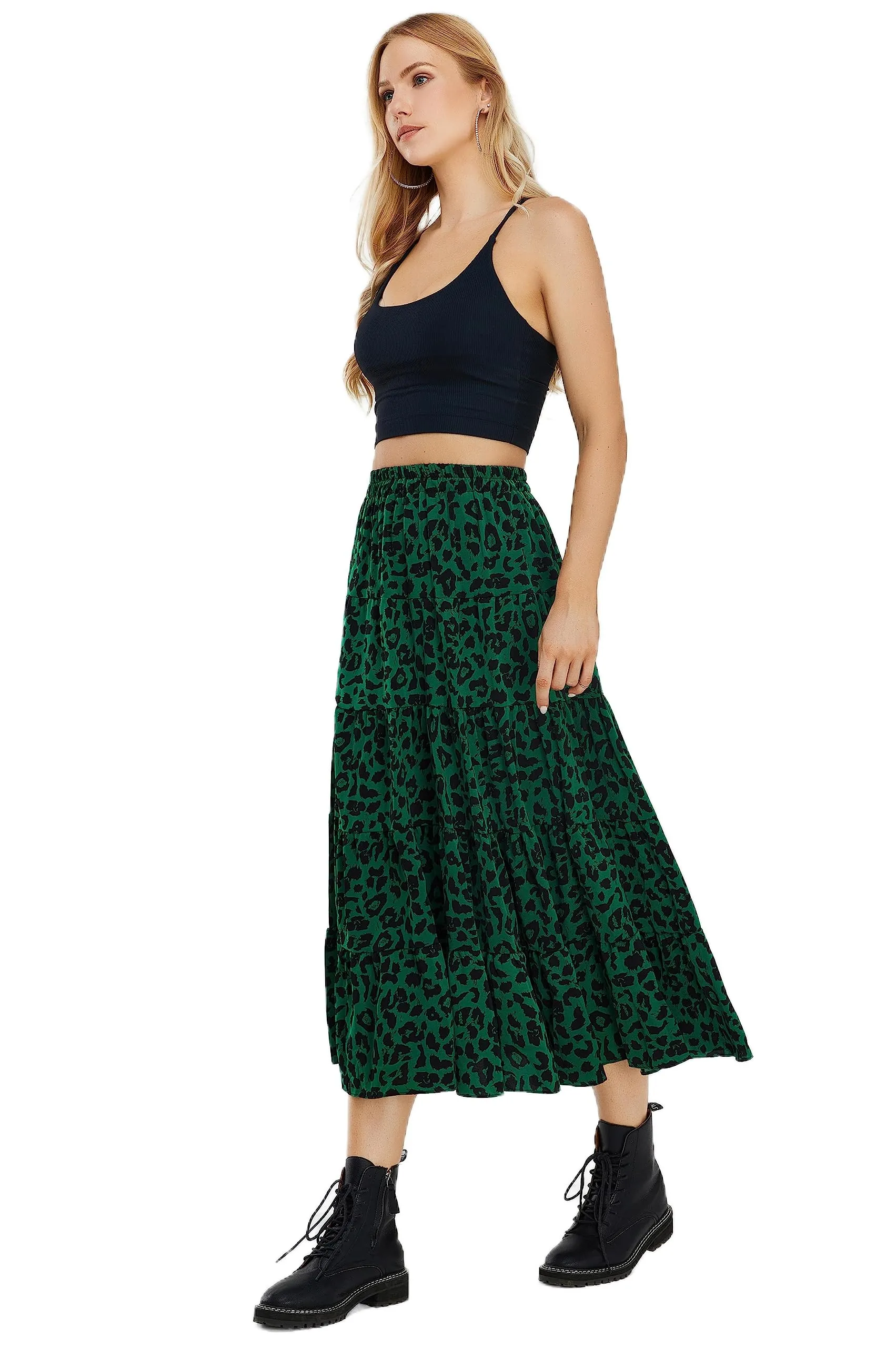 Women Leopard Print Long Skirts Chiffon Summer Beach Pleated Elastic High Waisted Ruffle Hem Maxi Skirts