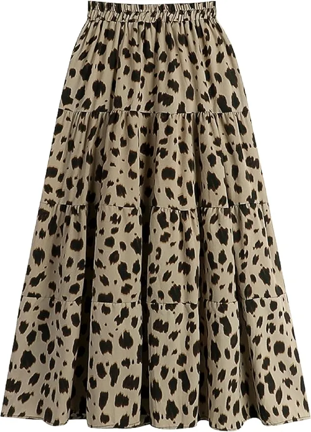 Women Leopard Print Long Skirts Chiffon Summer Beach Pleated Elastic High Waisted Ruffle Hem Maxi Skirts