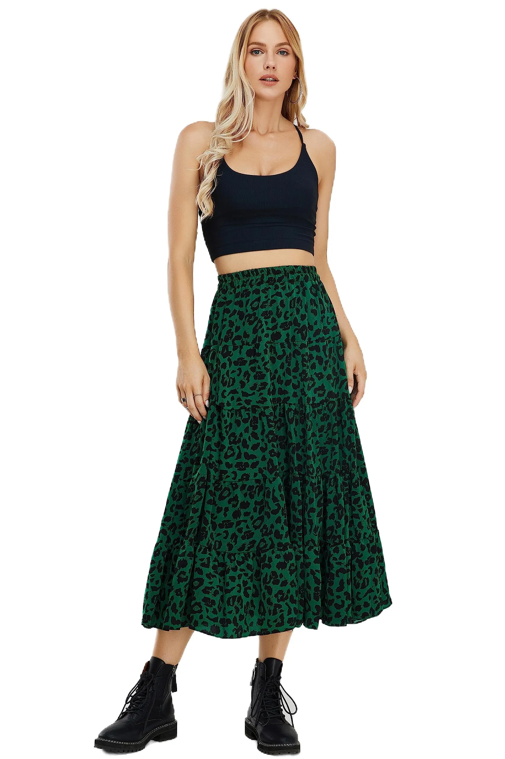 Women Leopard Print Long Skirts Chiffon Summer Beach Pleated Elastic High Waisted Ruffle Hem Maxi Skirts