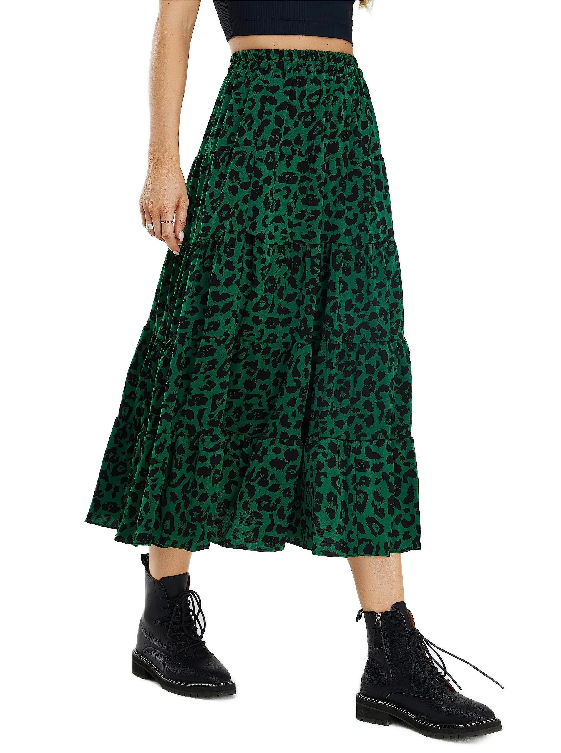 Women Leopard Print Long Skirts Chiffon Summer Beach Pleated Elastic High Waisted Ruffle Hem Maxi Skirts