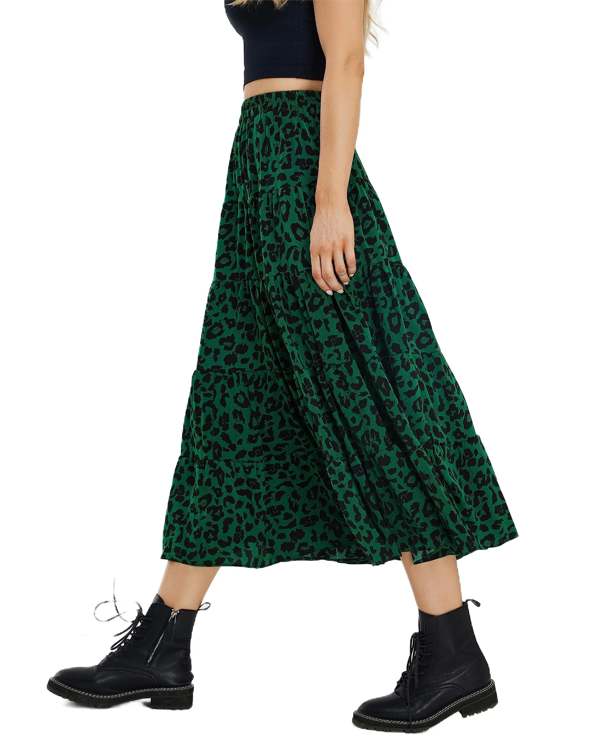 Women Leopard Print Long Skirts Chiffon Summer Beach Pleated Elastic High Waisted Ruffle Hem Maxi Skirts