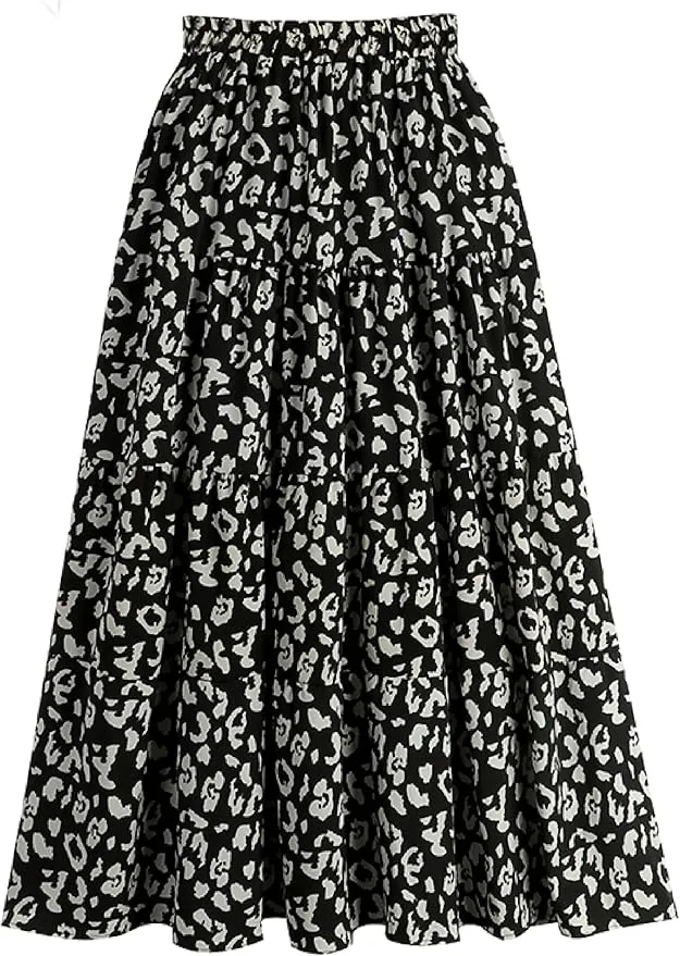 Women Leopard Print Long Skirts Chiffon Summer Beach Pleated Elastic High Waisted Ruffle Hem Maxi Skirts