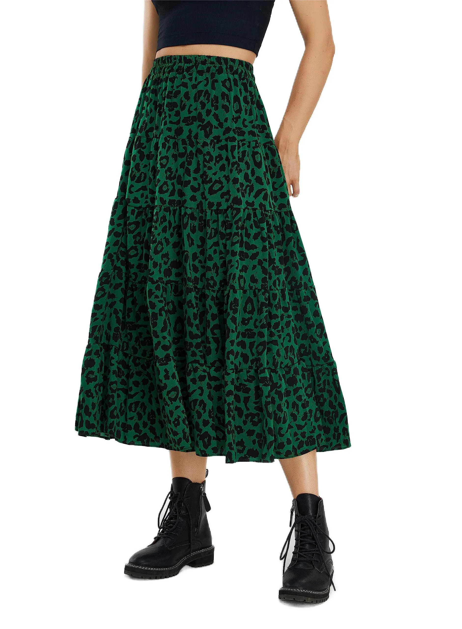 Women Leopard Print Long Skirts Chiffon Summer Beach Pleated Elastic High Waisted Ruffle Hem Maxi Skirts