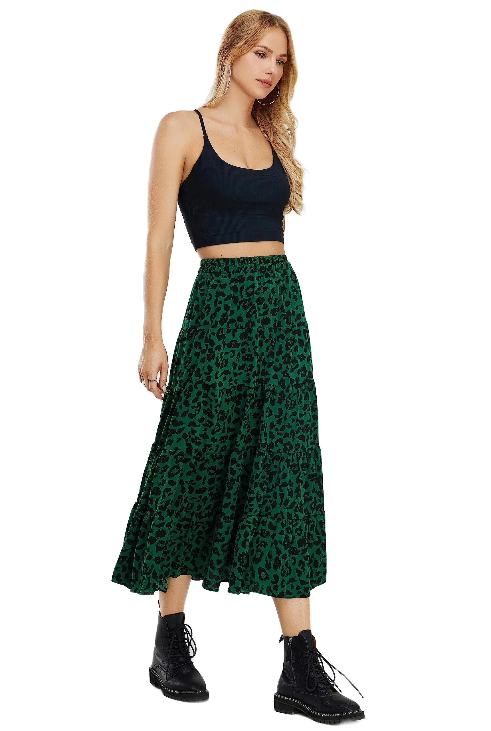 Women Leopard Print Long Skirts Chiffon Summer Beach Pleated Elastic High Waisted Ruffle Hem Maxi Skirts