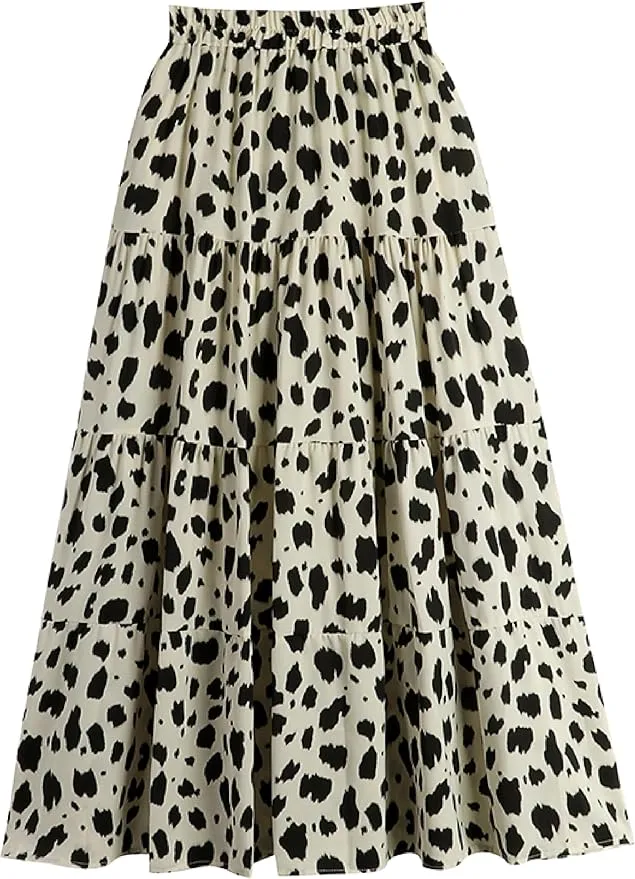 Women Leopard Print Long Skirts Chiffon Summer Beach Pleated Elastic High Waisted Ruffle Hem Maxi Skirts