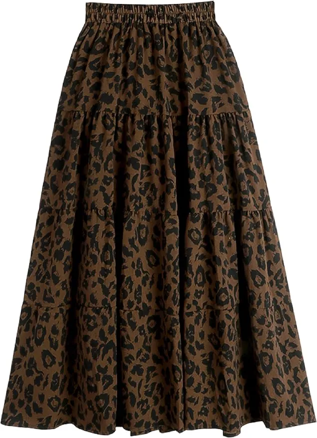 Women Leopard Print Long Skirts Chiffon Summer Beach Pleated Elastic High Waisted Ruffle Hem Maxi Skirts