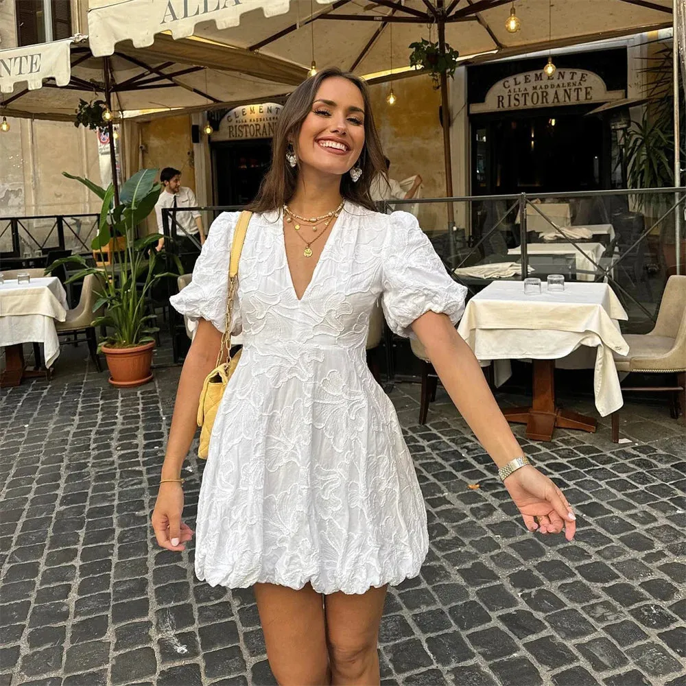 Women's Lightweight Mini Dress with Puffed Sleeves