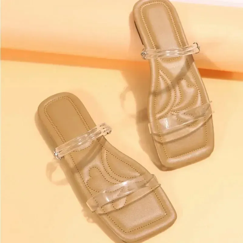 Women's Slippers Fashion  PVC Transparent Open Toe Sexy Square Head Large Casual Flat Sandals Every Day Wear