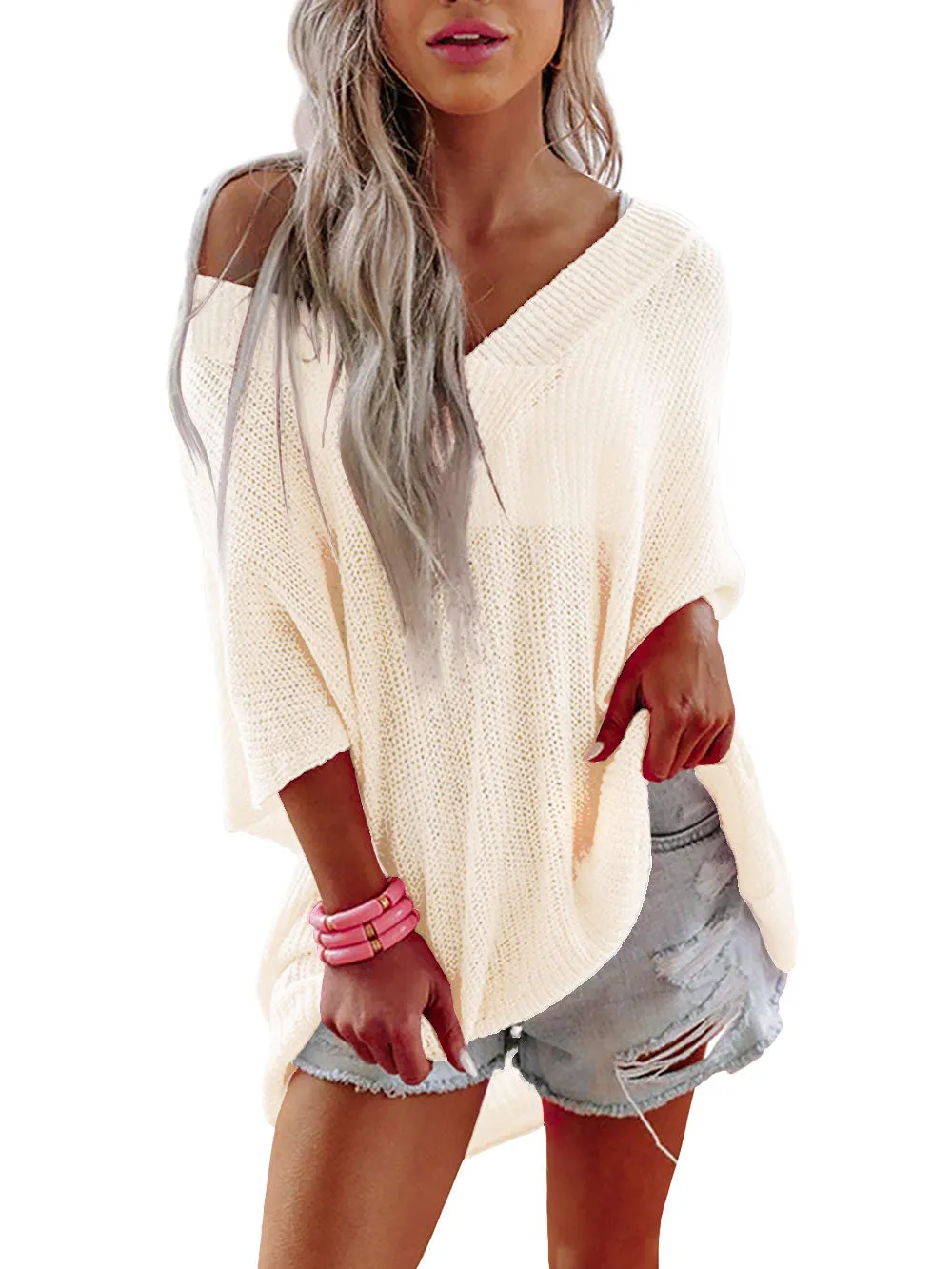 Womens V-Neck Half Sleeves Loose Summer Sweater and Lightweight Knitted Shirts Pullover Tops