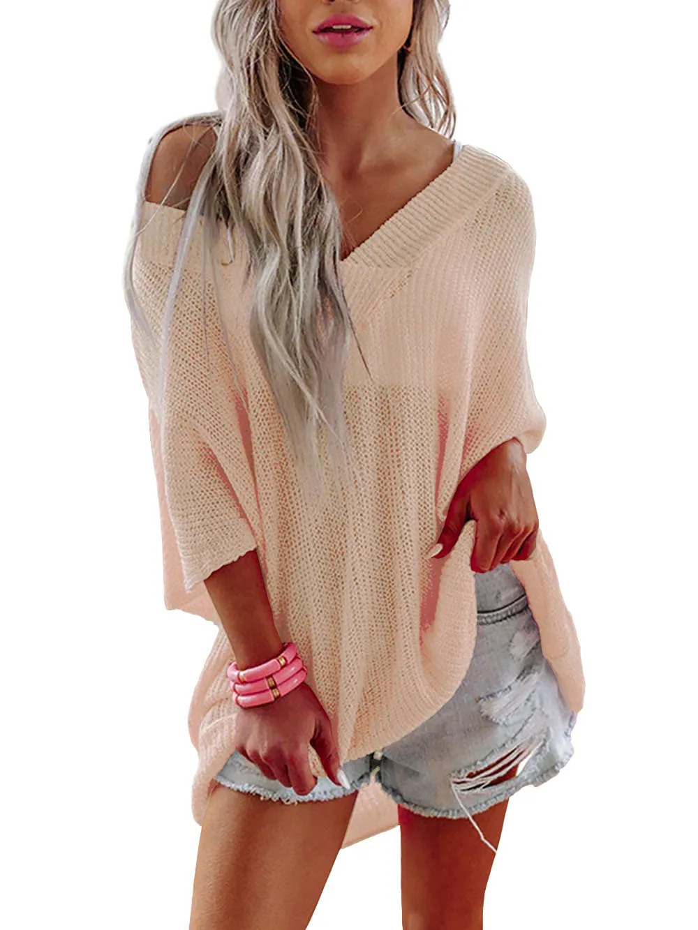 Womens V-Neck Half Sleeves Loose Summer Sweater and Lightweight Knitted Shirts Pullover Tops