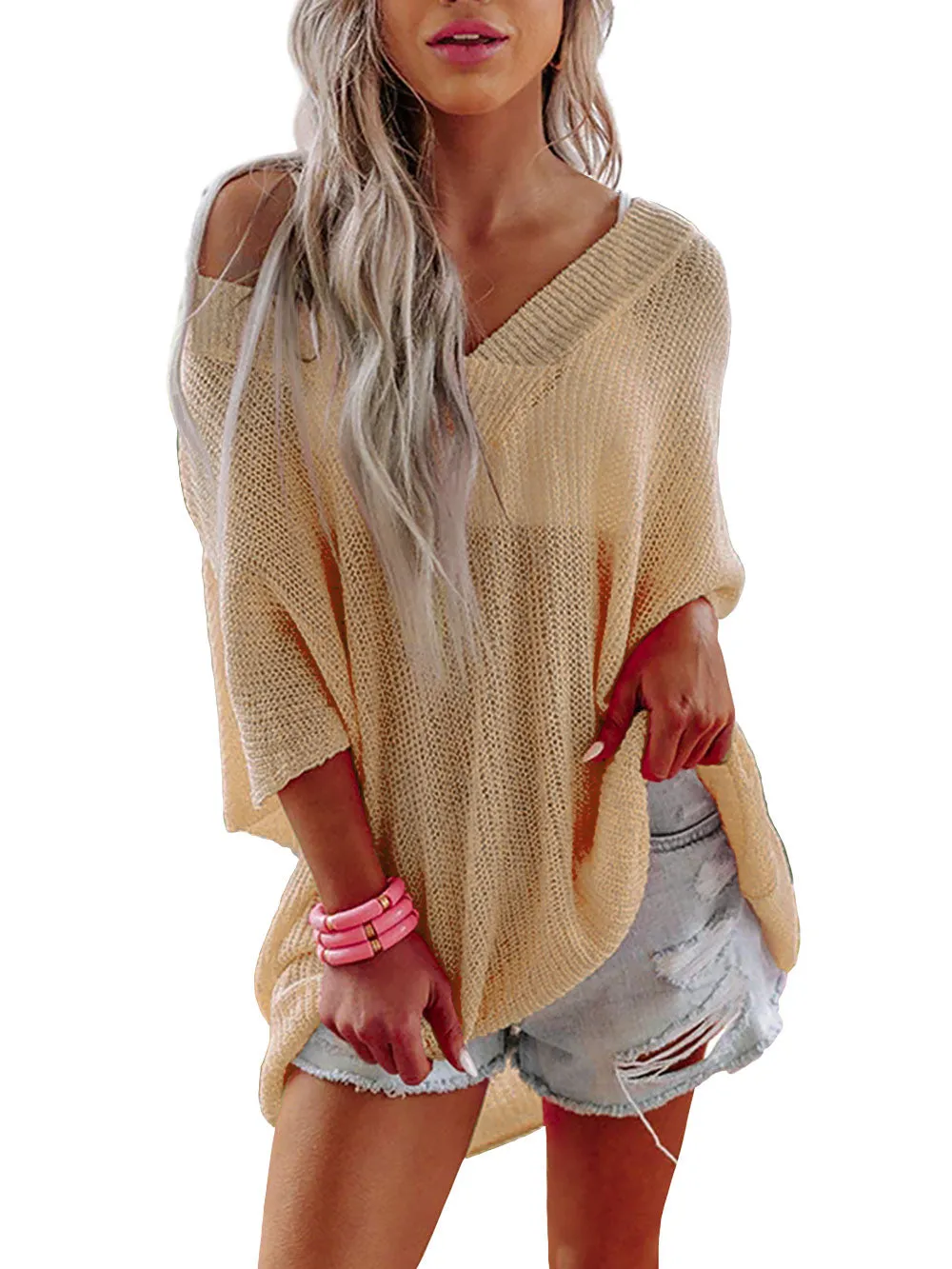 Womens V-Neck Half Sleeves Loose Summer Sweater and Lightweight Knitted Shirts Pullover Tops